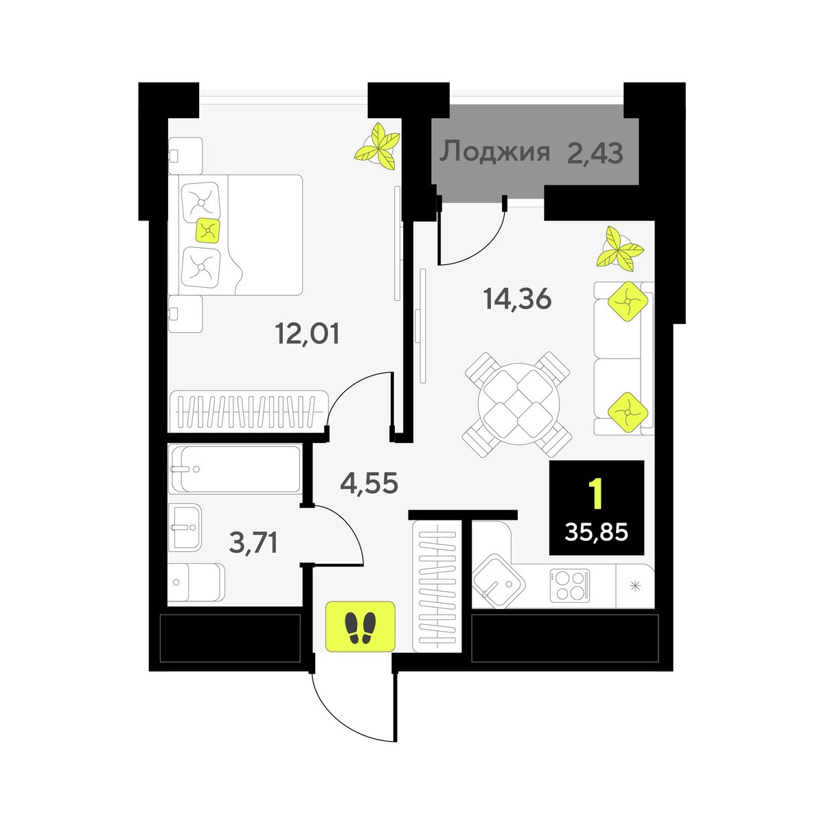 1-комнатная квартира, 35.85 кв.м, ЖК «Мотивы» 1-комнатная квартира, 35.85 кв.м, ЖК «Мотивы»