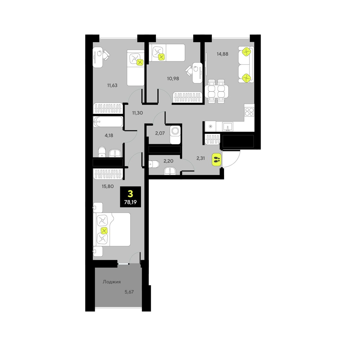 3-комнатная, 78.19 м2, ЖК «Мотивы» 3-комнатная, 78.19 м2, ЖК «Мотивы»