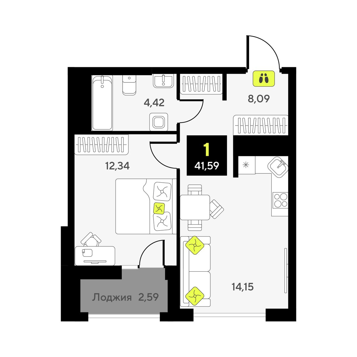 1-комнатная квартира, 41.59 кв.м, Мотивы 1-комнатная квартира, 41.59 кв.м, Мотивы
