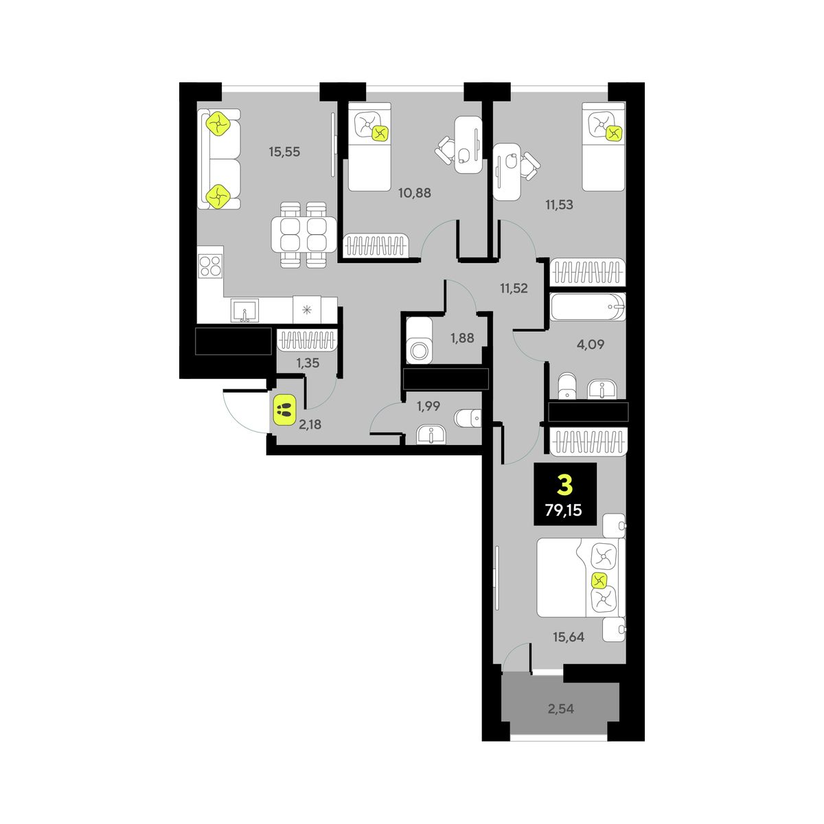 3-комнатная, 79.15 м2, ЖК «Мотивы» 3-комнатная, 79.15 м2, ЖК «Мотивы»