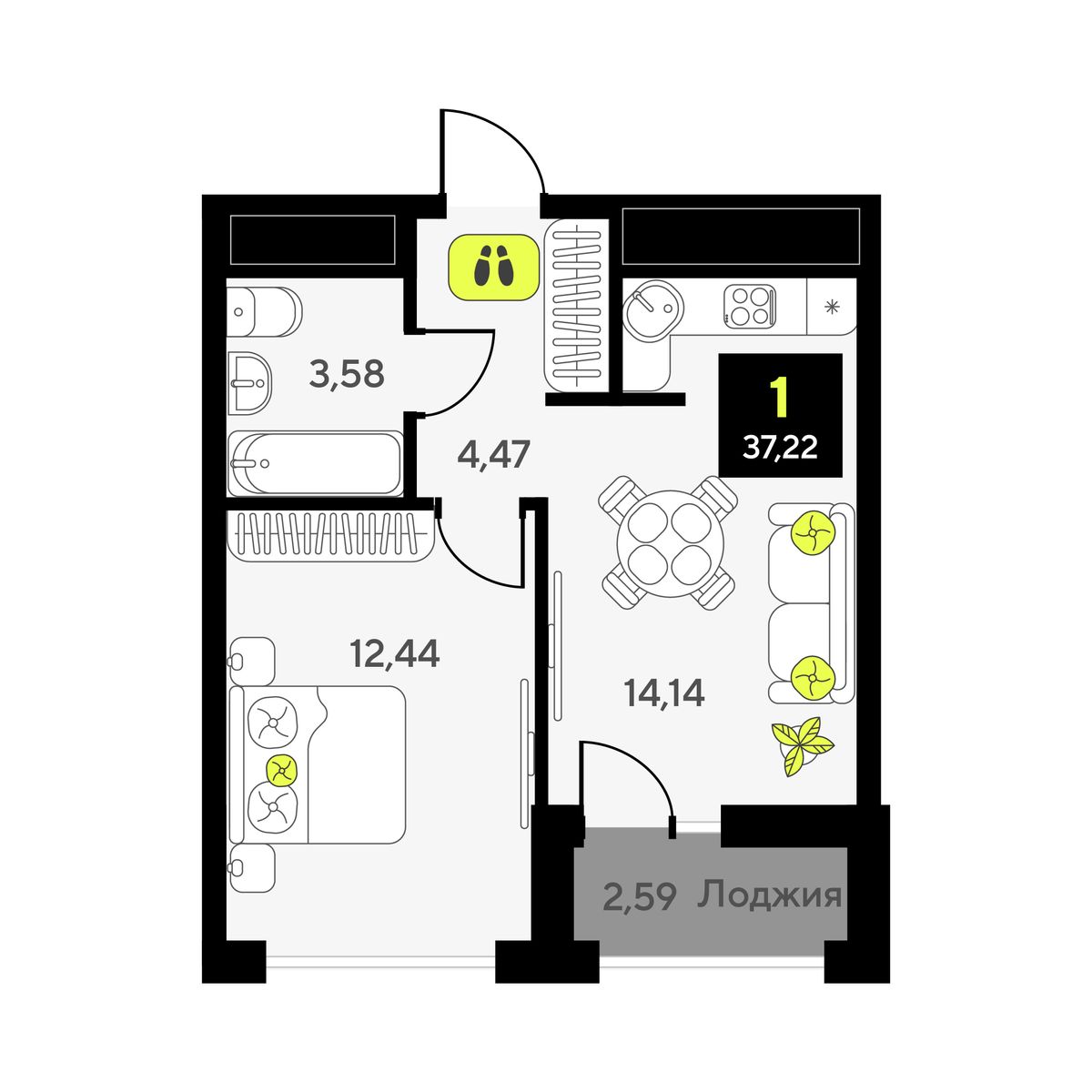 1-комнатная, 37.22 м2, ЖК «Мотивы»