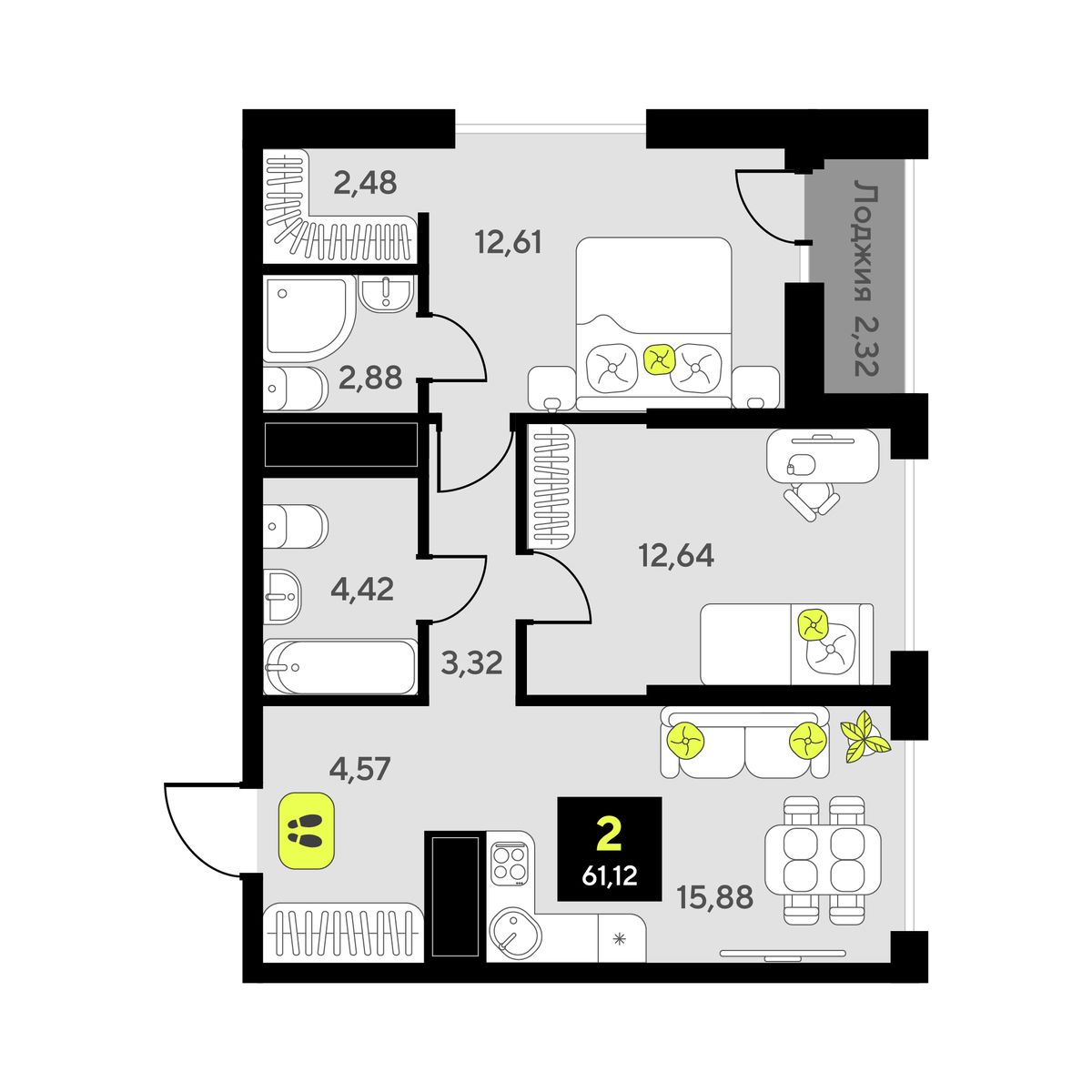 2-комнатная, 61.12 м2, ЖК «Мотивы» 2-комнатная, 61.12 м2, ЖК «Мотивы»