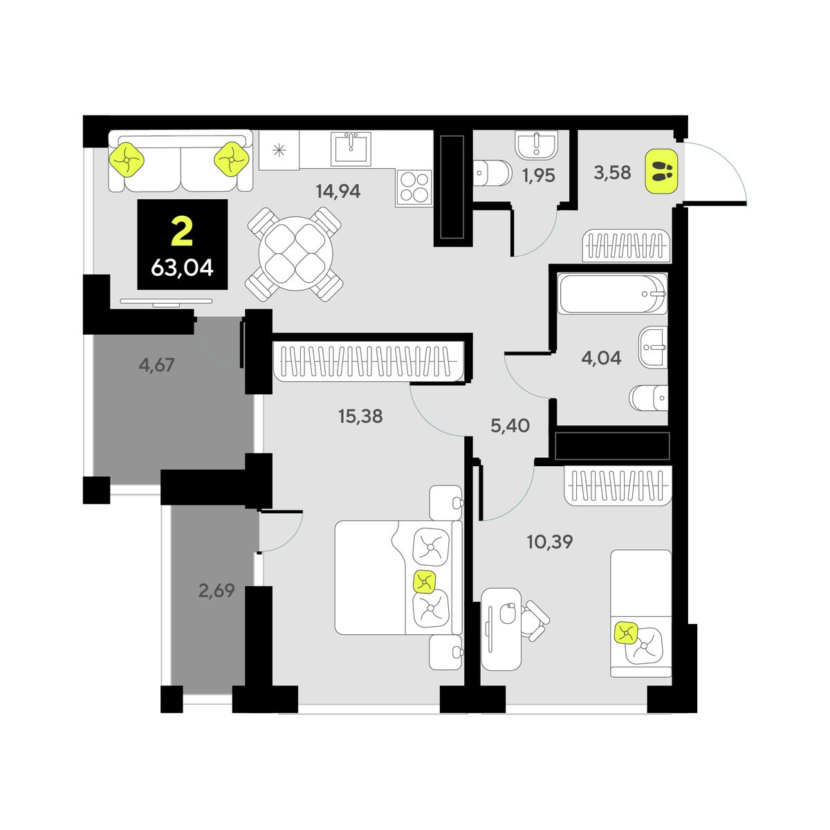 2-комнатная, 63.04 м2, ЖК «Мотивы» 2-комнатная, 63.04 м2, ЖК «Мотивы»