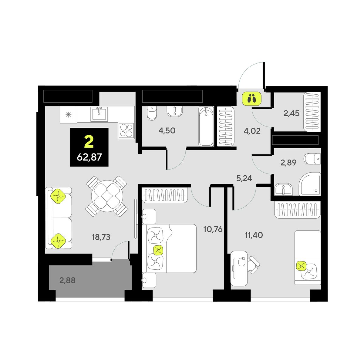2-комнатная, 62.87 м2, ЖК «Мотивы» 2-комнатная, 62.87 м2, ЖК «Мотивы»