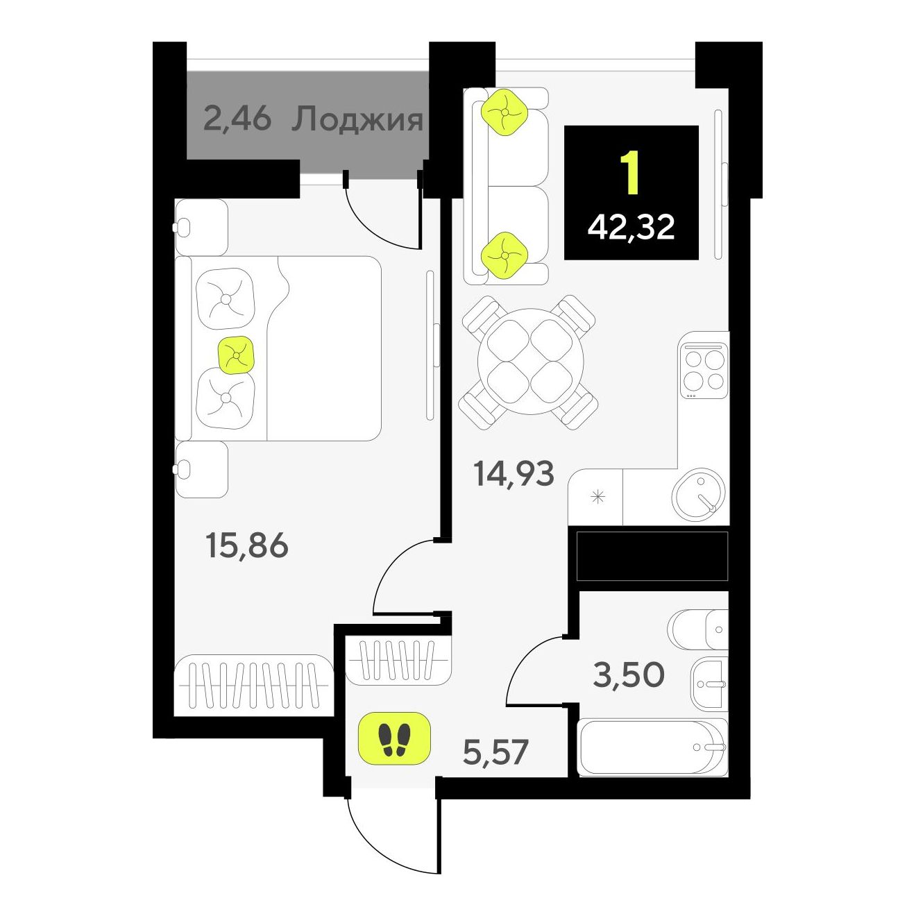 1-комнатная, 42.3 м², 17 этаж из 20, ЖК «Окинава»