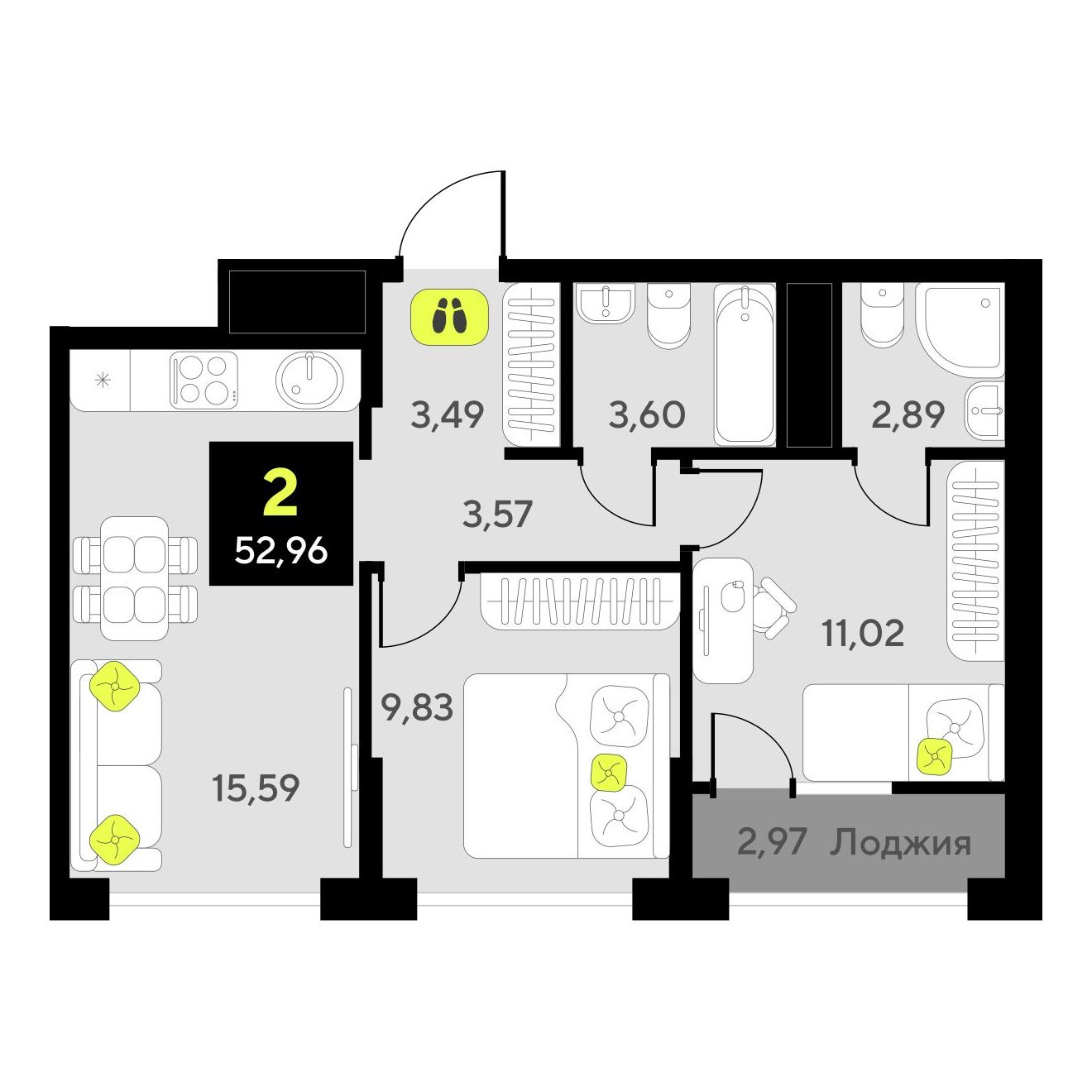 2-комнатная, 52.96 м2, ЖК «Окинава»