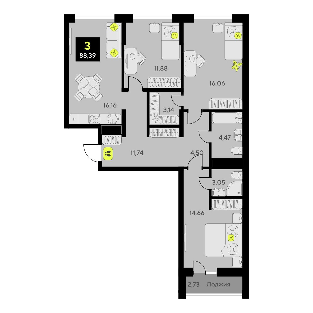 3-комнатная квартира, 88.39 кв.м, ЖК «Окинава» 3-комнатная квартира, 88.39 кв.м, ЖК «Окинава»