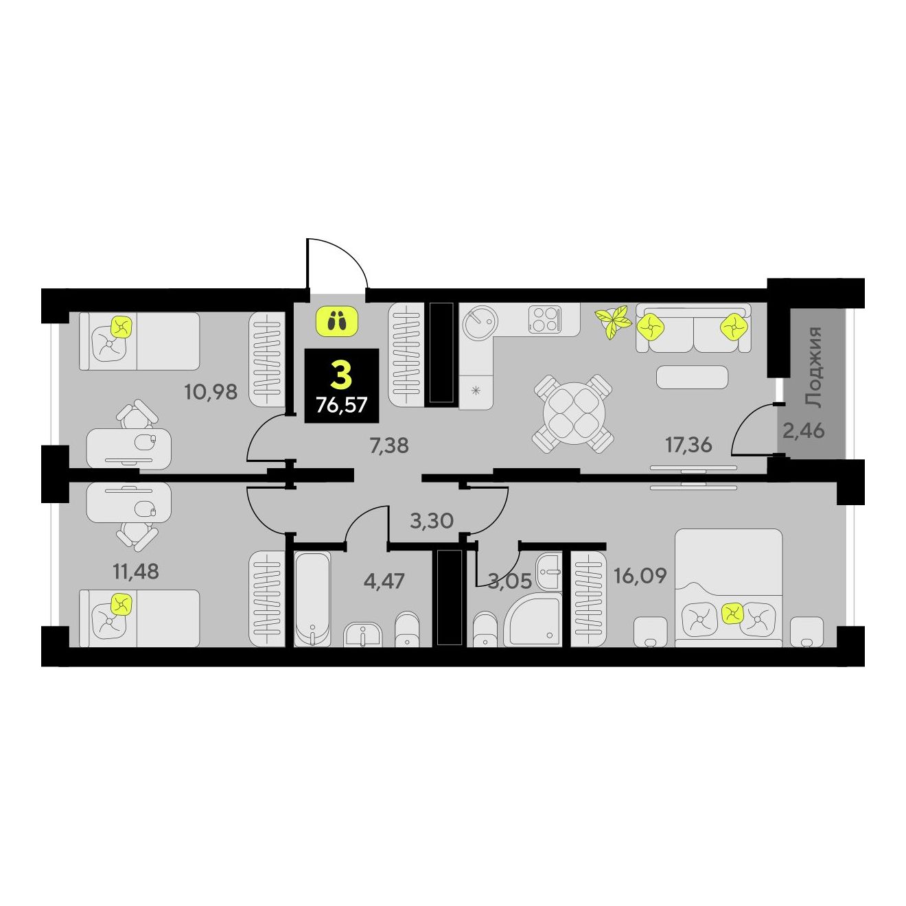 3-комнатная квартира, 76.57 кв.м, ЖК «Окинава» 3-комнатная квартира, 76.57 кв.м, ЖК «Окинава»