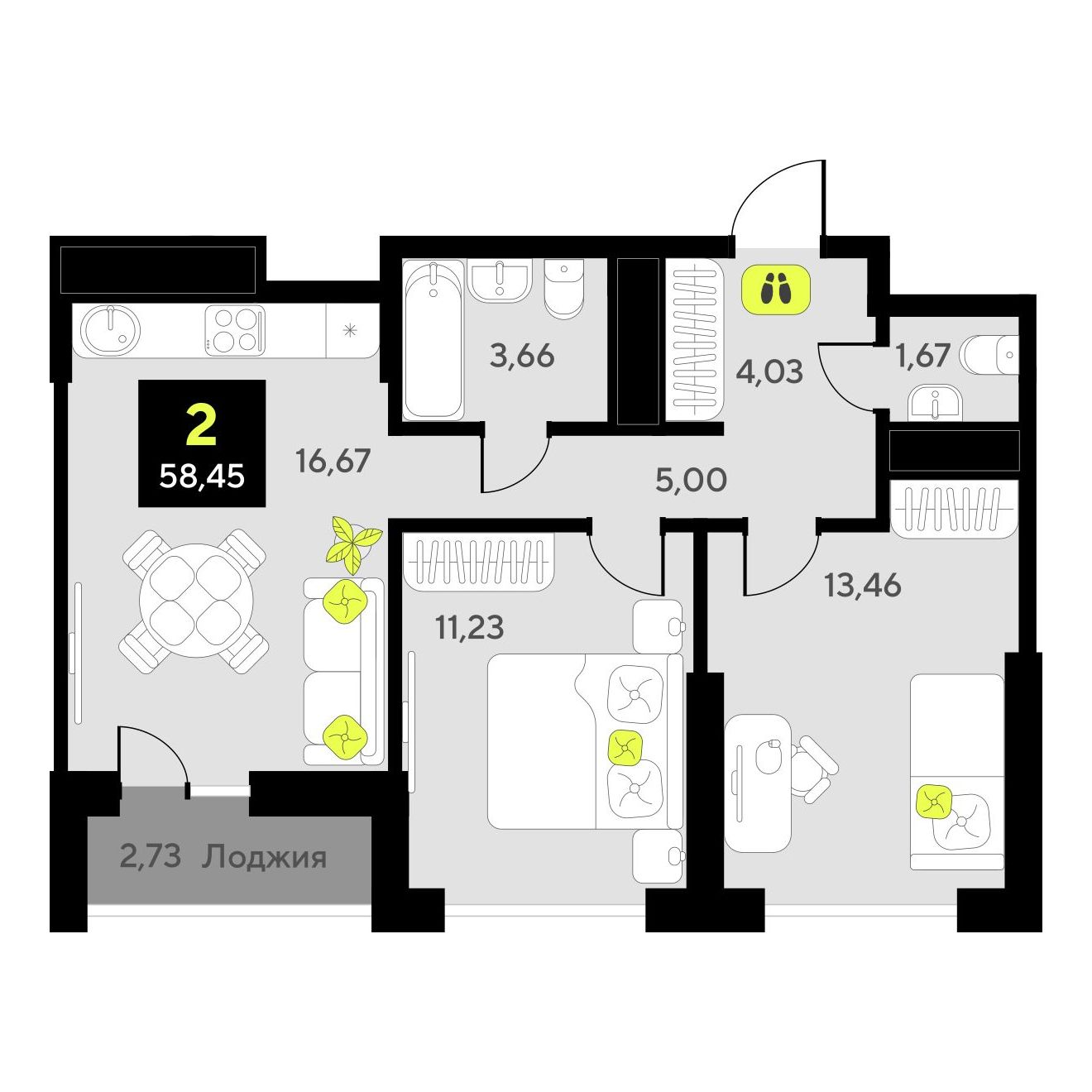 2-комнатная, 58.45 м2, ЖК «Окинава»