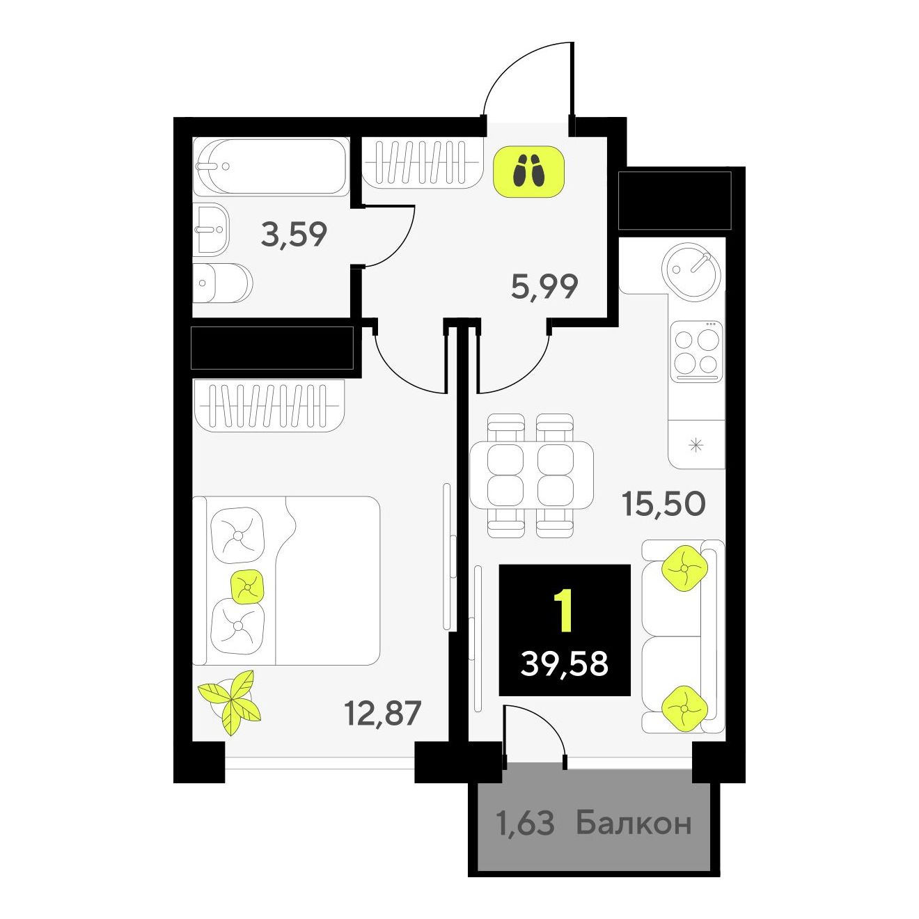 1-комнатная, 39.58 м2, ЖК «Окинава» 1-комнатная, 39.58 м2, ЖК «Окинава»