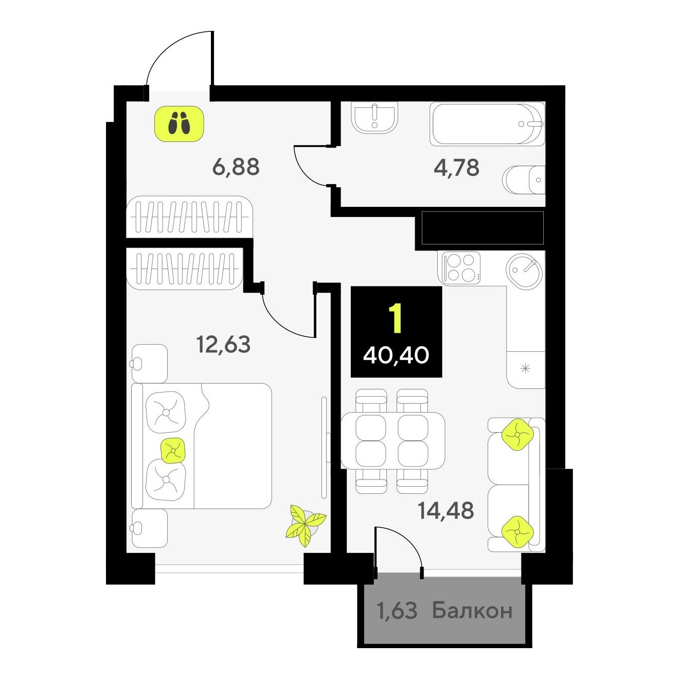 1-комнатная, 40.4 м2, ЖК «Окинава»
