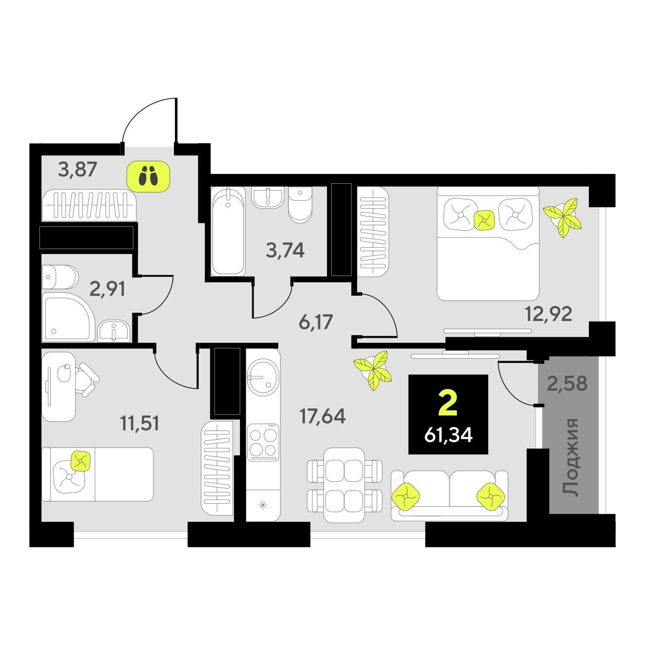 2-комнатная, 61.34 м2, ЖК «Окинава» 2-комнатная, 61.34 м2, ЖК «Окинава»