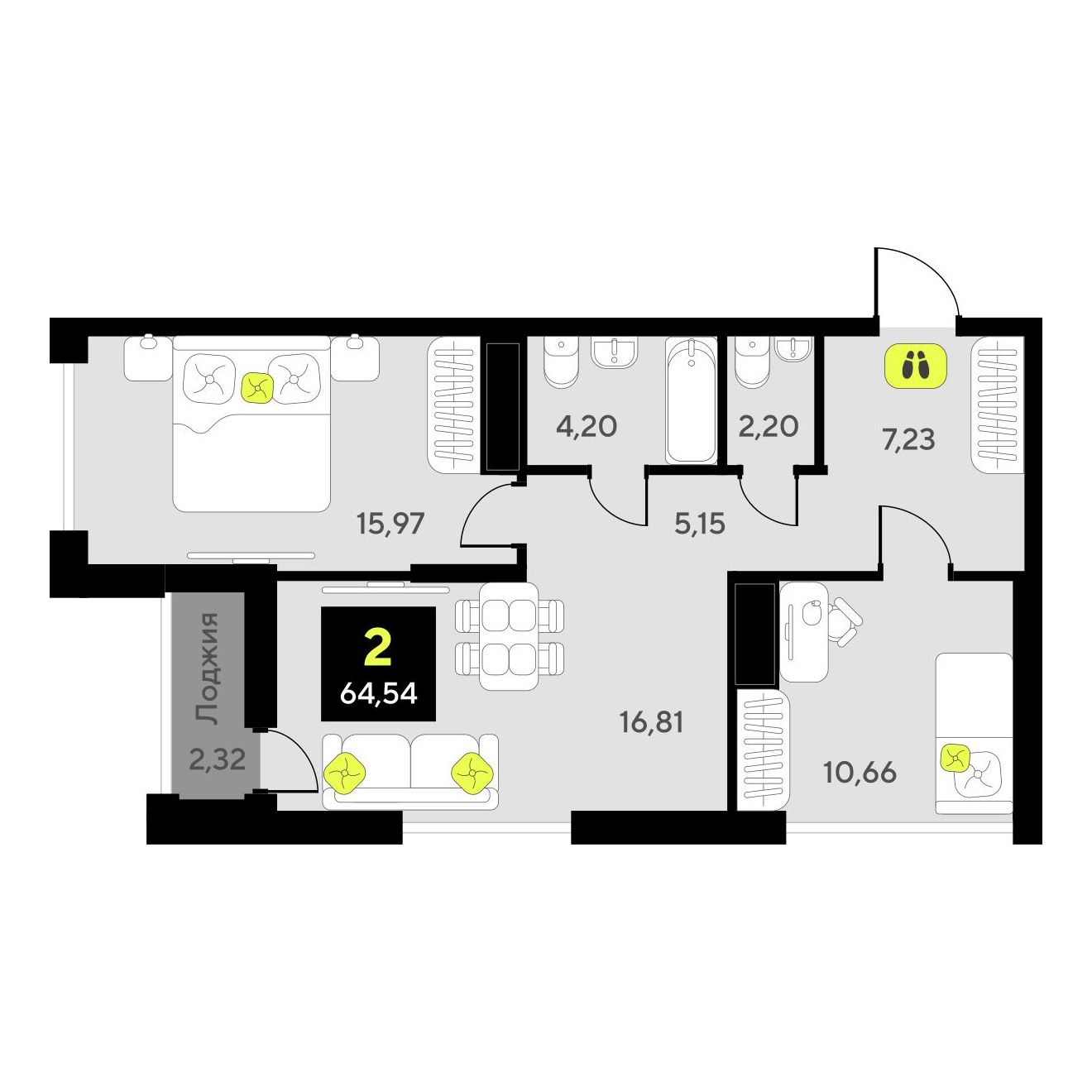 2-комнатная, 64.54 м2, ЖК «Окинава»