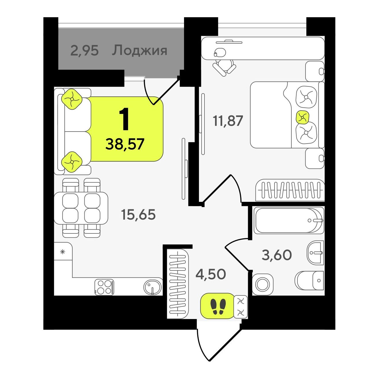 1-комнатная квартира, 38.57 кв.м, Окинава