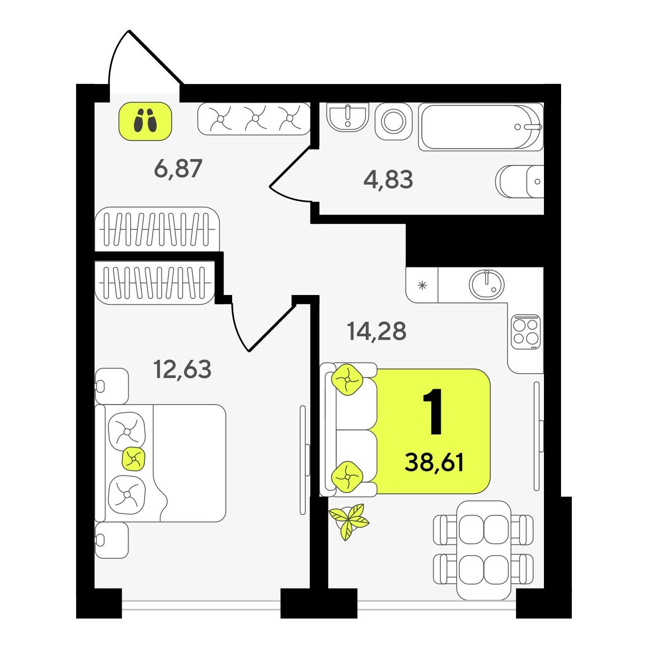 1-комнатная квартира, 38.61 кв.м, ЖК «Окинава»