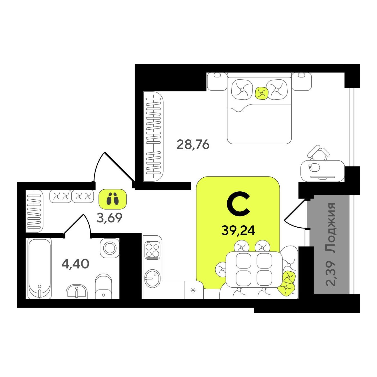 студия, 39.24 м2, ЖК «Окинава»