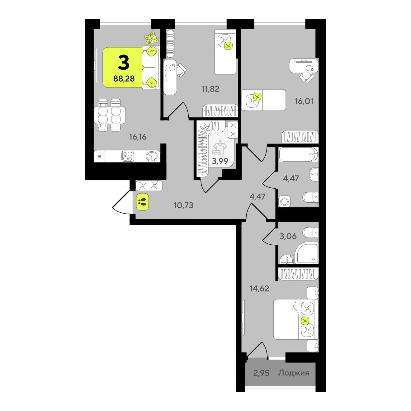 3-комнатная квартира, 88.28 кв.м, ЖК «Окинава» 3-комнатная квартира, 88.28 кв.м, ЖК «Окинава»