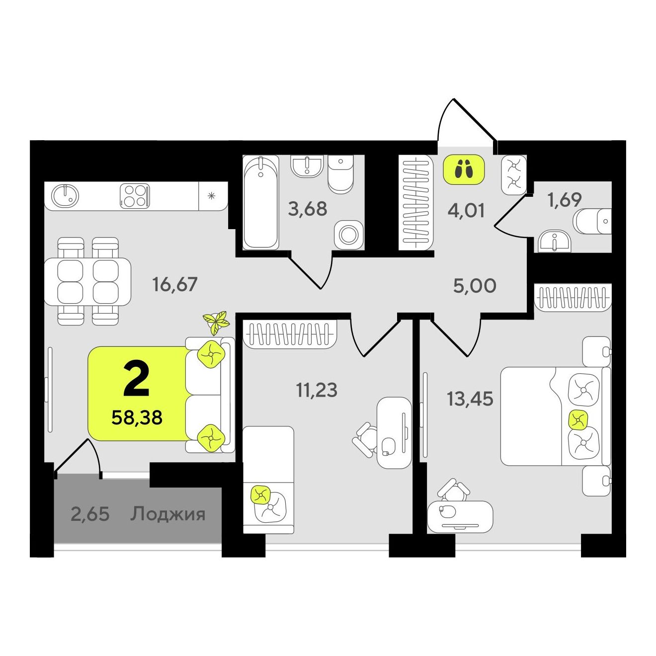 2-комнатная, 58.38 м2, ЖК «Окинава»