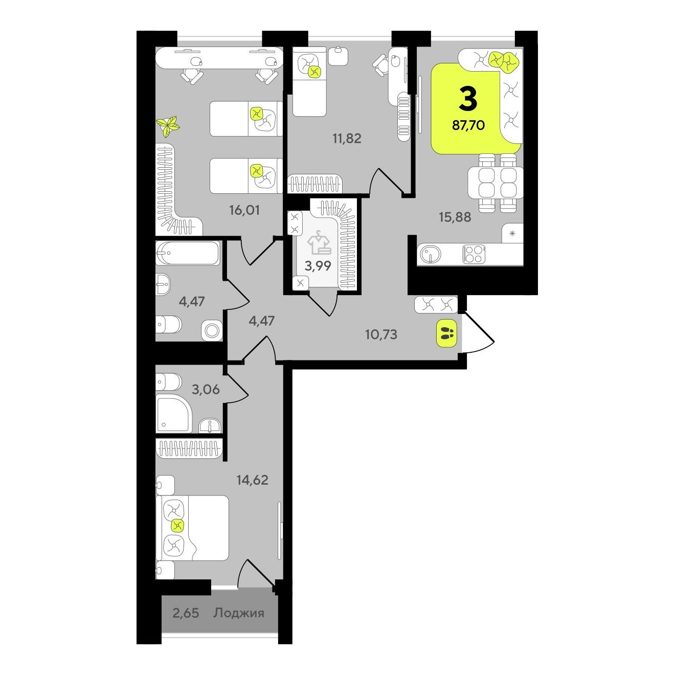3-комнатная, 87.7 м2, ЖК «Окинава»