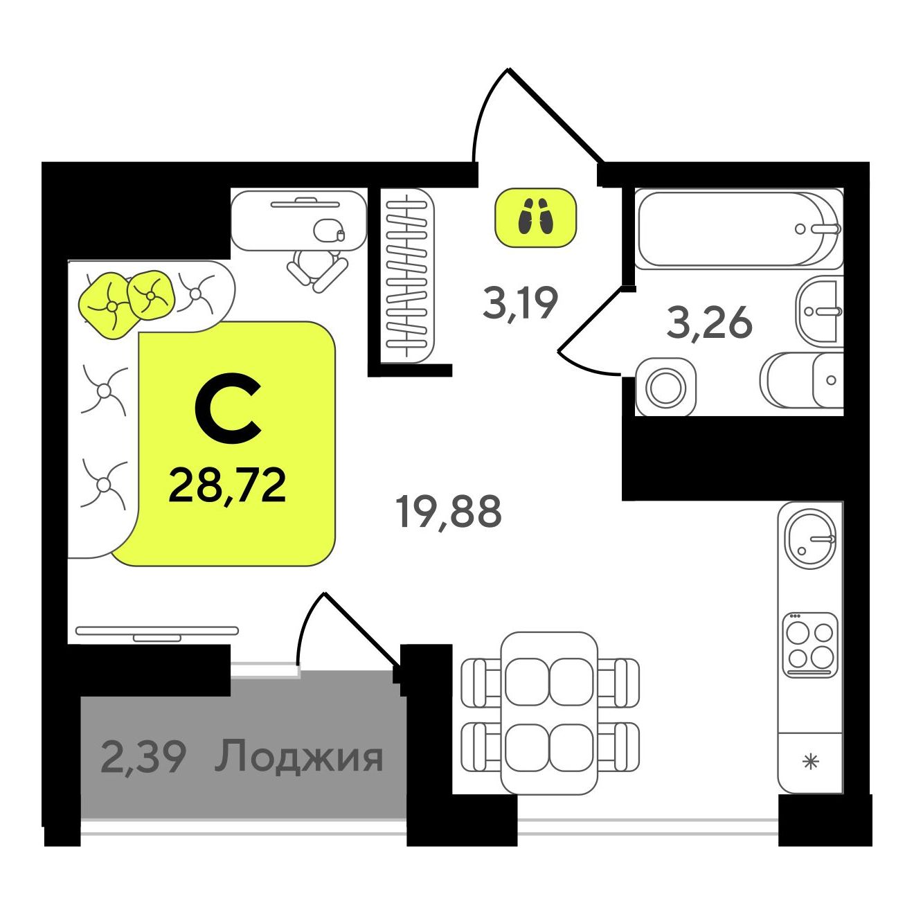 студия, 28.72 м2, ЖК «Окинава»