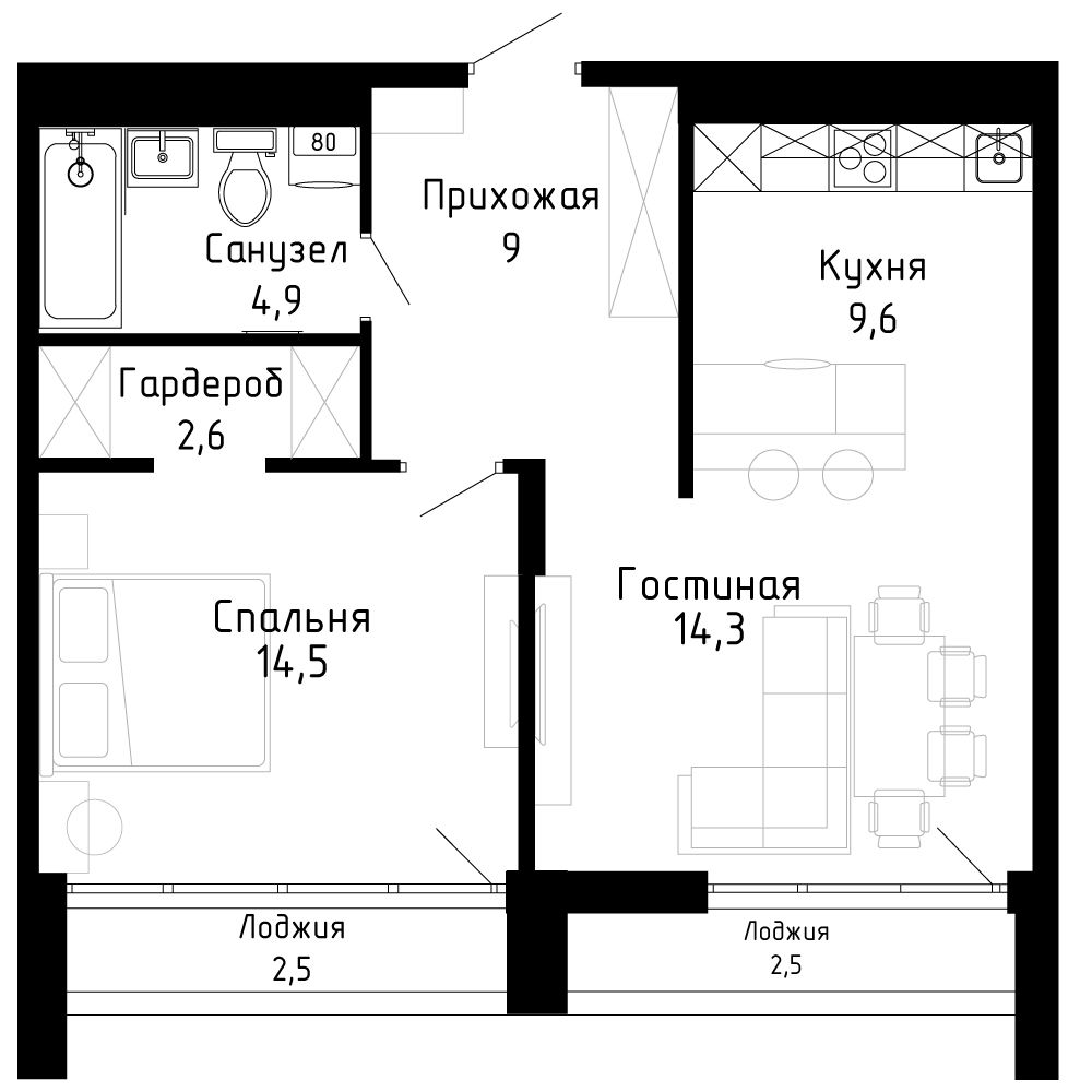 1-комнатная, 55.2 м², № 17(304) в Андерсен