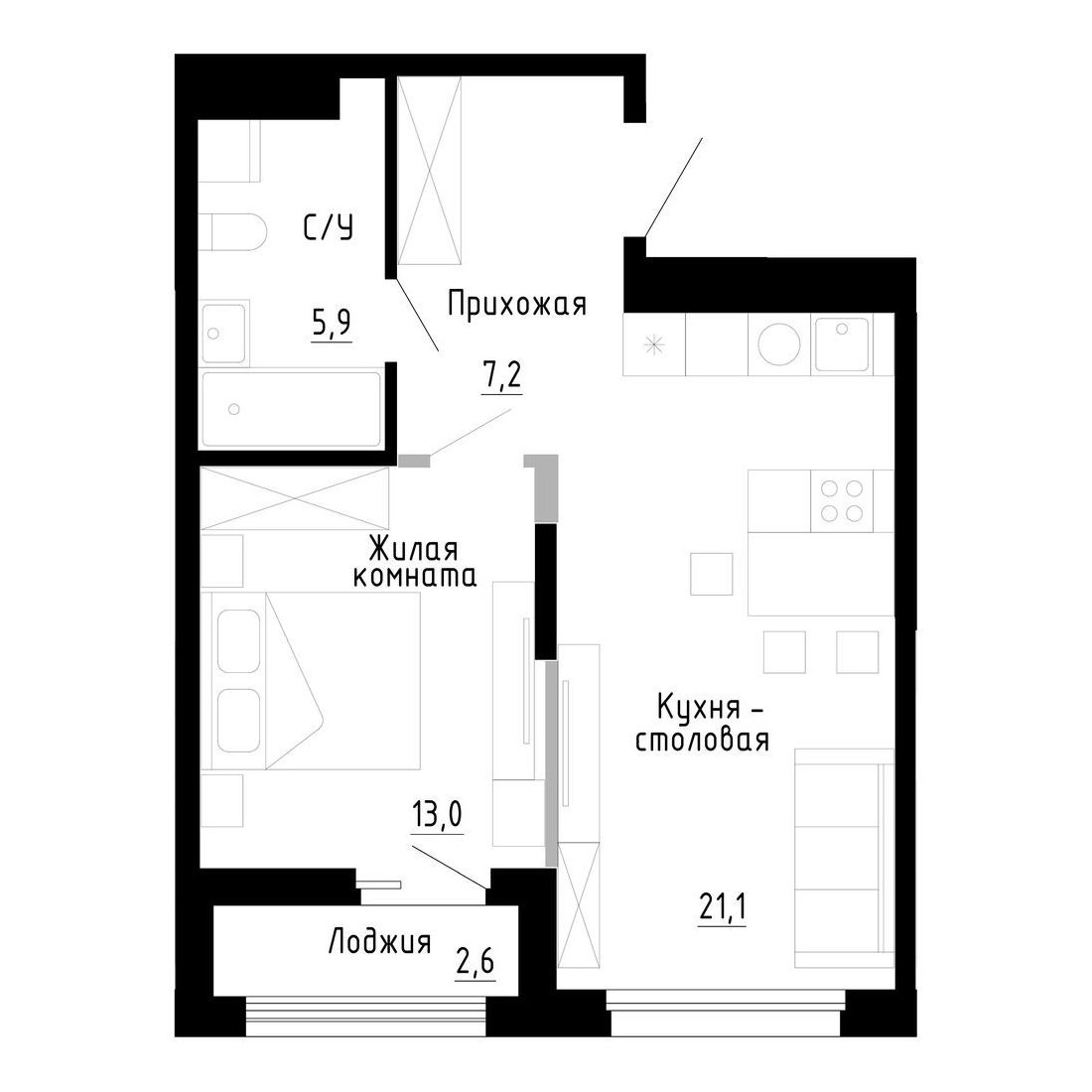 1-комнатная, 47.4 м², № 52 в 7Я (Семья)