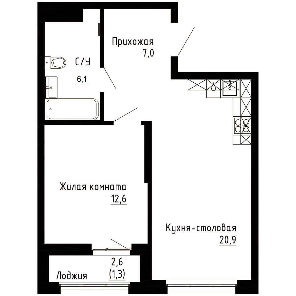 1-комнатная, 47.9 м², № 52 в 7Я (Семья)