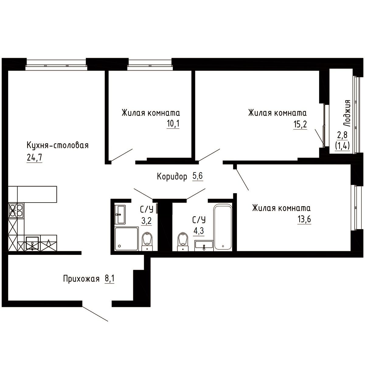 3-комнатная, 86.2 м², № 49 в 7Я (Семья)