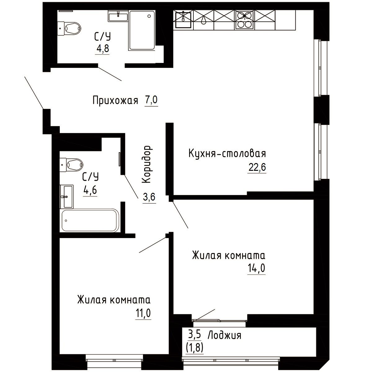 2-комнатная, 69.4 м², № 51 в 7Я (Семья)