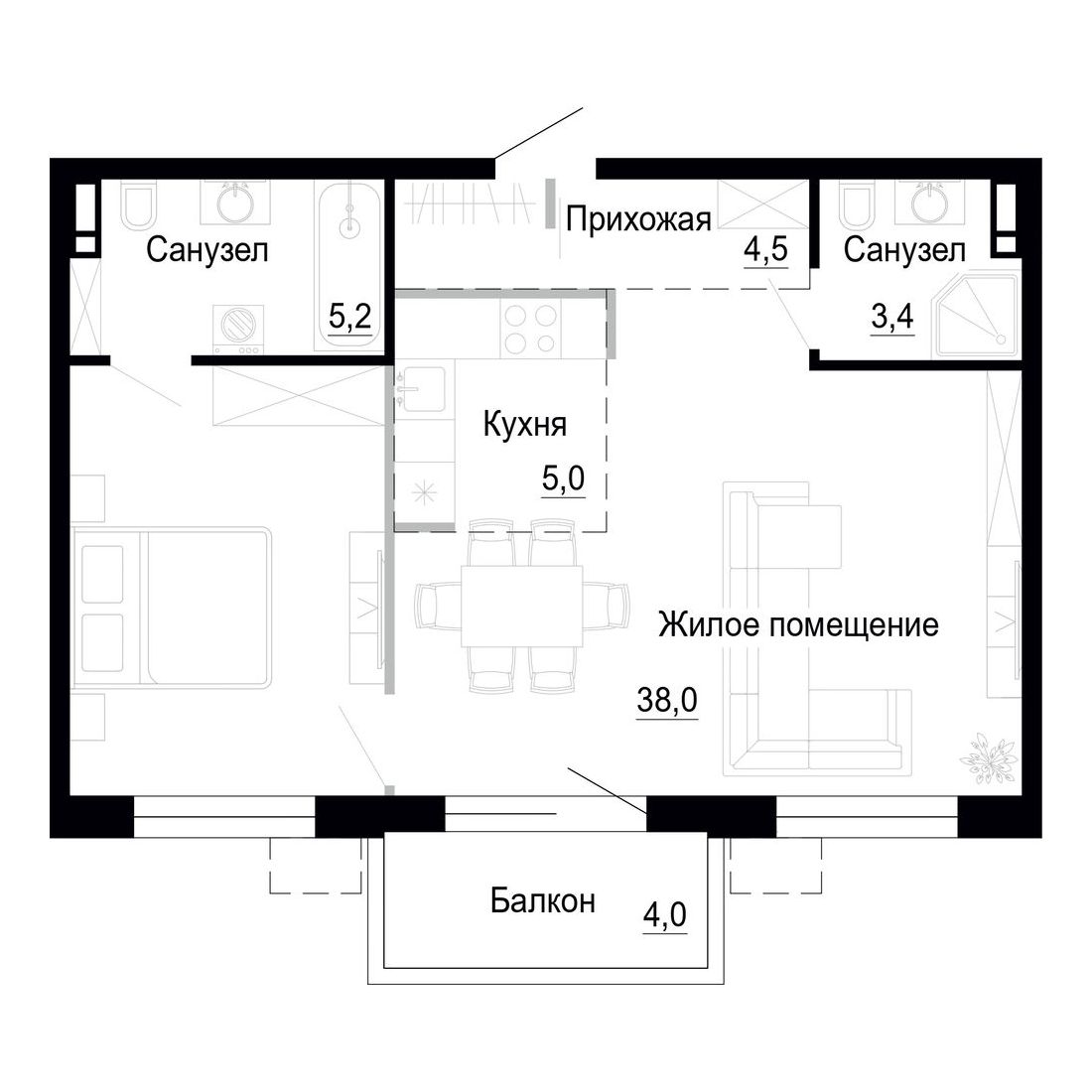 1-комнатная, 56.2 м², № 19 в Поселок-парк Весна-4