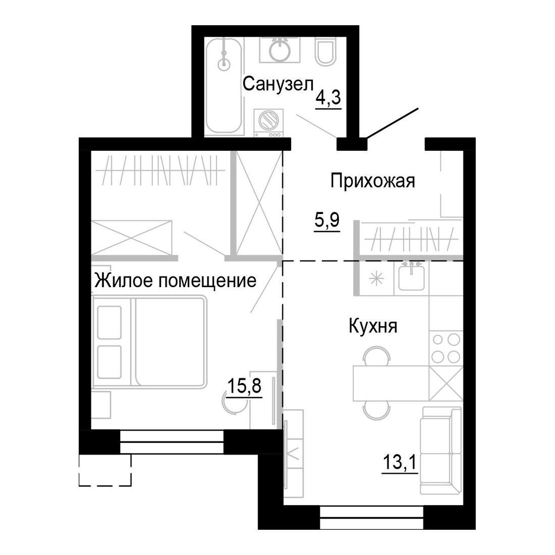1-комнатная, 39.1 м², № 19 в Поселок-парк Весна-4
