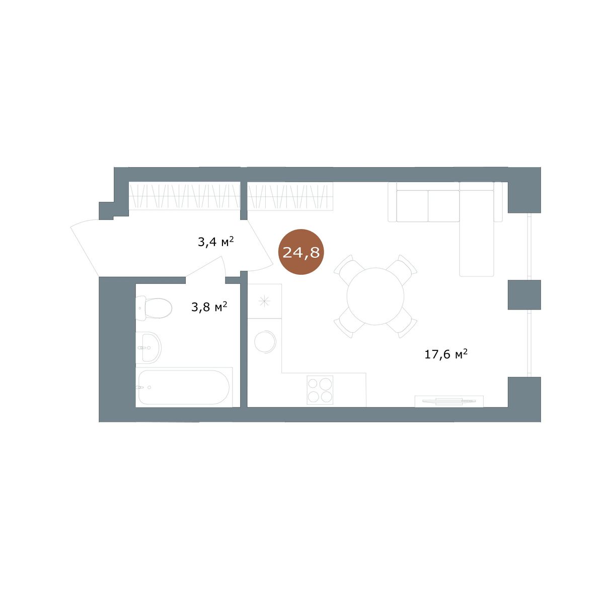 Студия, 24.8 м², № 140 в 19|56 Кварталы Телецентра