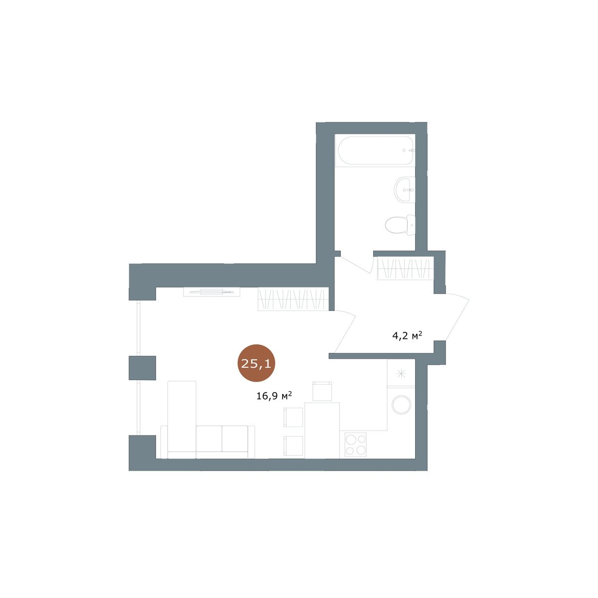 Студия, 25.1 м², № 144 в 19|56 Кварталы Телецентра