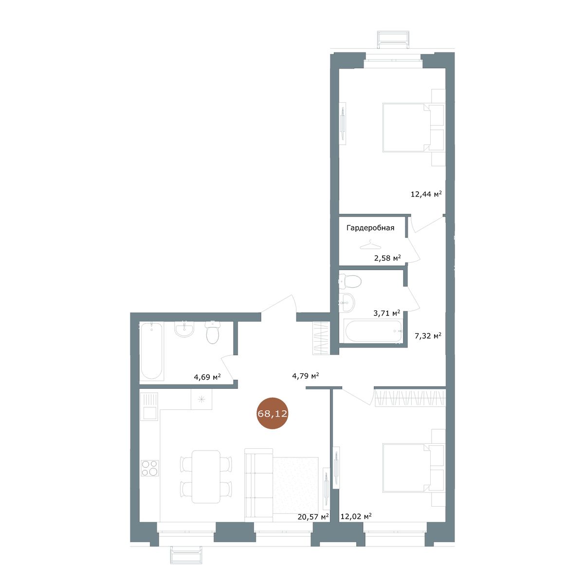 2-комнатная, 68.14 м², № 6.25 в 19|56 Кварталы Телецентра