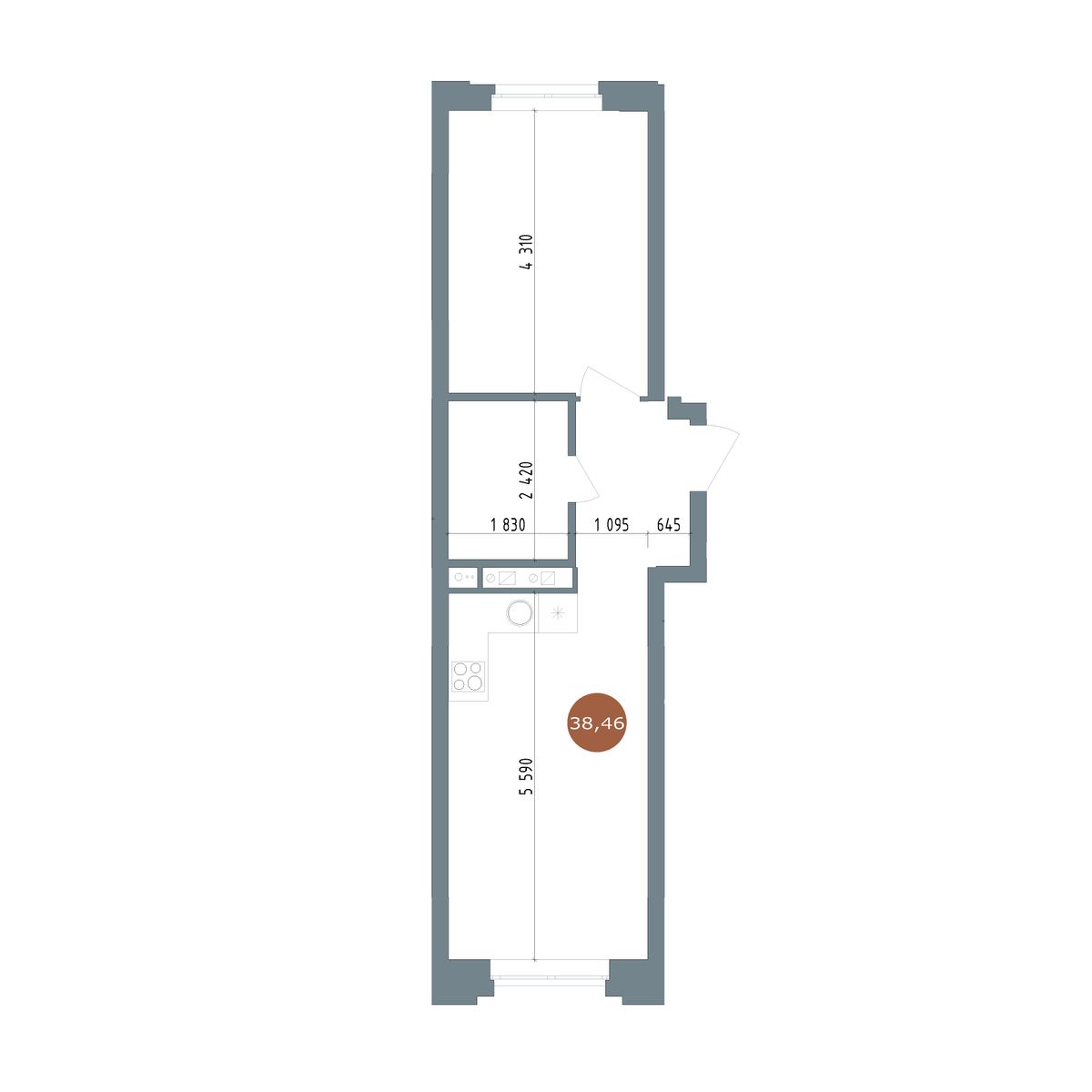 1-комнатная квартира, 38.46 кв.м, 1956, изображение-2