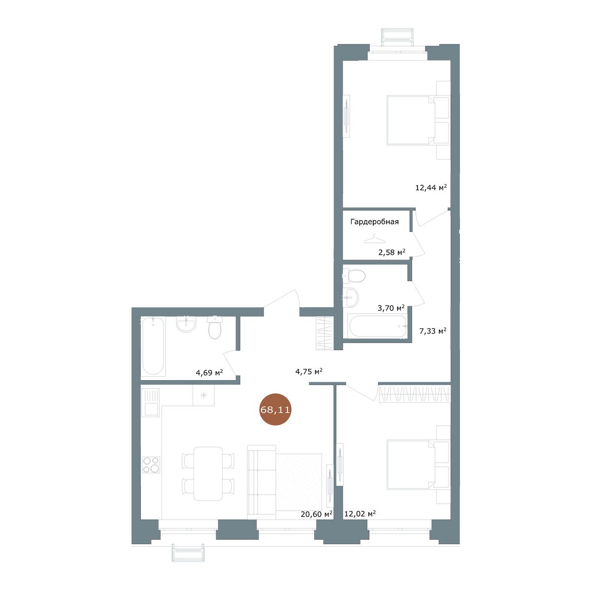2-комнатная, 68.12 м², № 6.31 в 19|56 Кварталы Телецентра