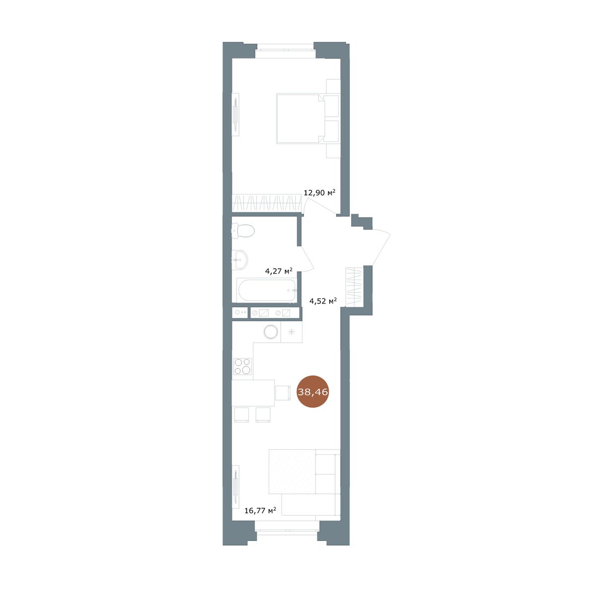 1-комнатная квартира, 38.46 кв.м, ЖК «19/56 Кварталы Телецентра» 1-комнатная квартира, 38.46 кв.м, ЖК «19/56 Кварталы Телецентра»