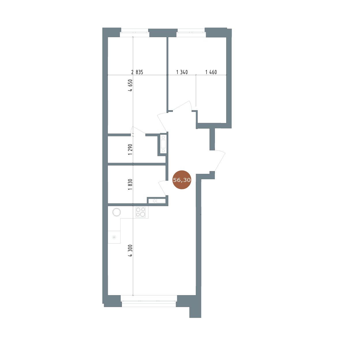 3-комнатная квартира, 56.3 кв.м, 1956, изображение-2