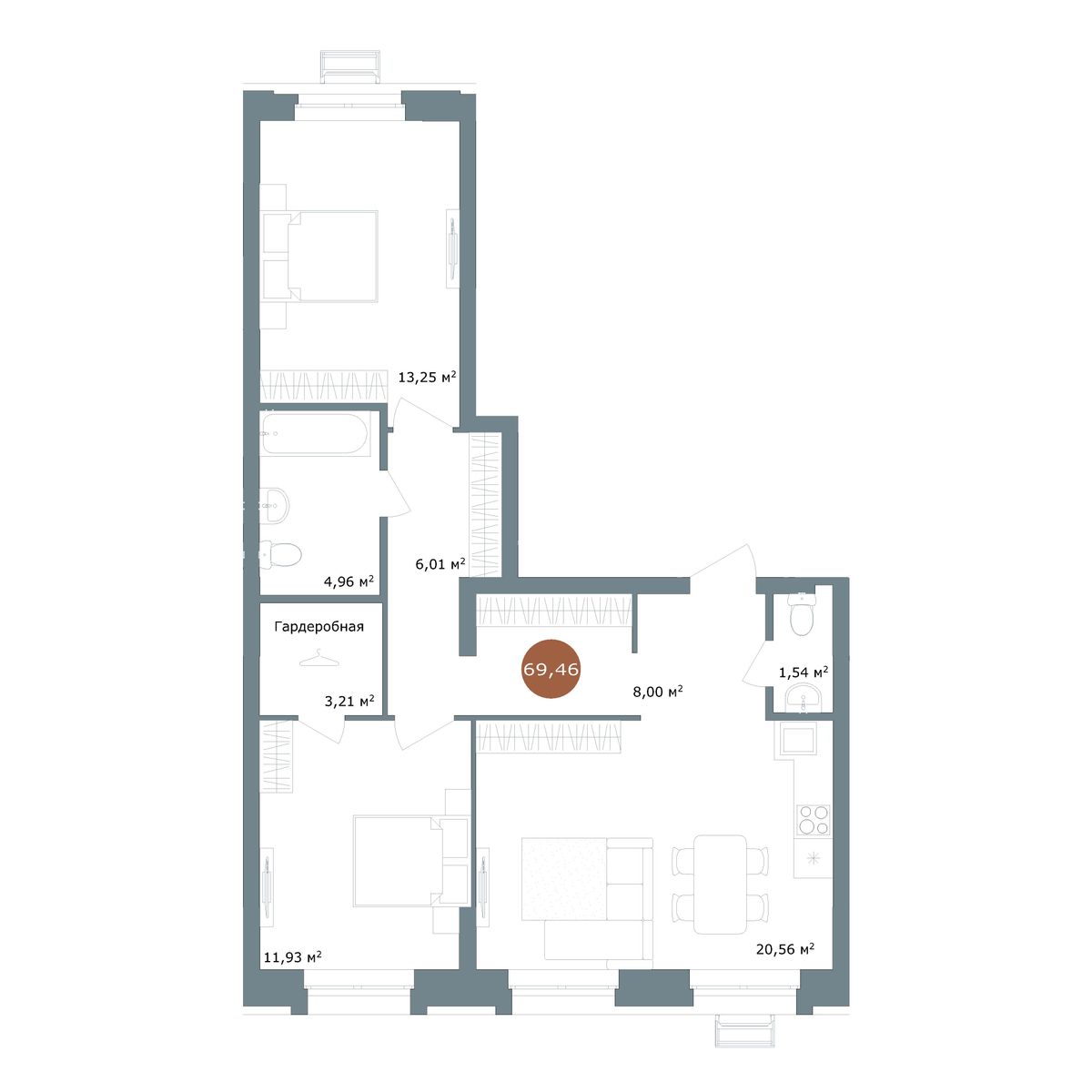 2-комнатная, 69.46 м², № 6.42 в 19|56 Кварталы Телецентра