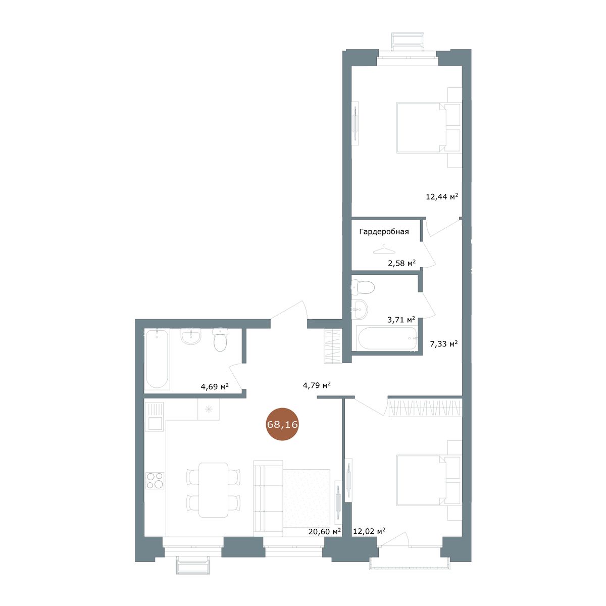2-комнатная квартира, 68.18 кв.м, ЖК «19/56 Кварталы Телецентра» 2-комнатная квартира, 68.18 кв.м, ЖК «19/56 Кварталы Телецентра»