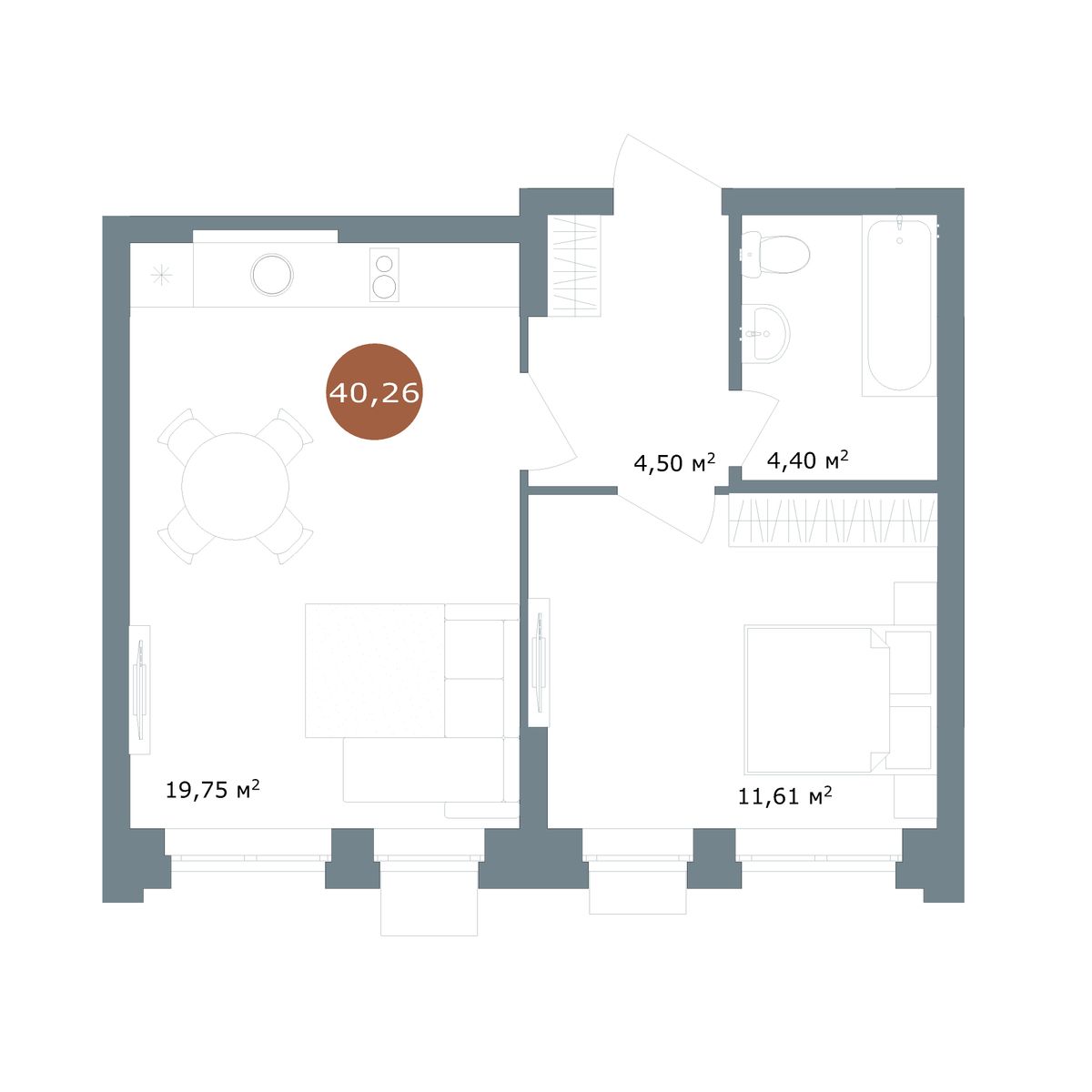 1-комнатная квартира, 40.26 кв.м, ЖК «19/56 Кварталы Телецентра»