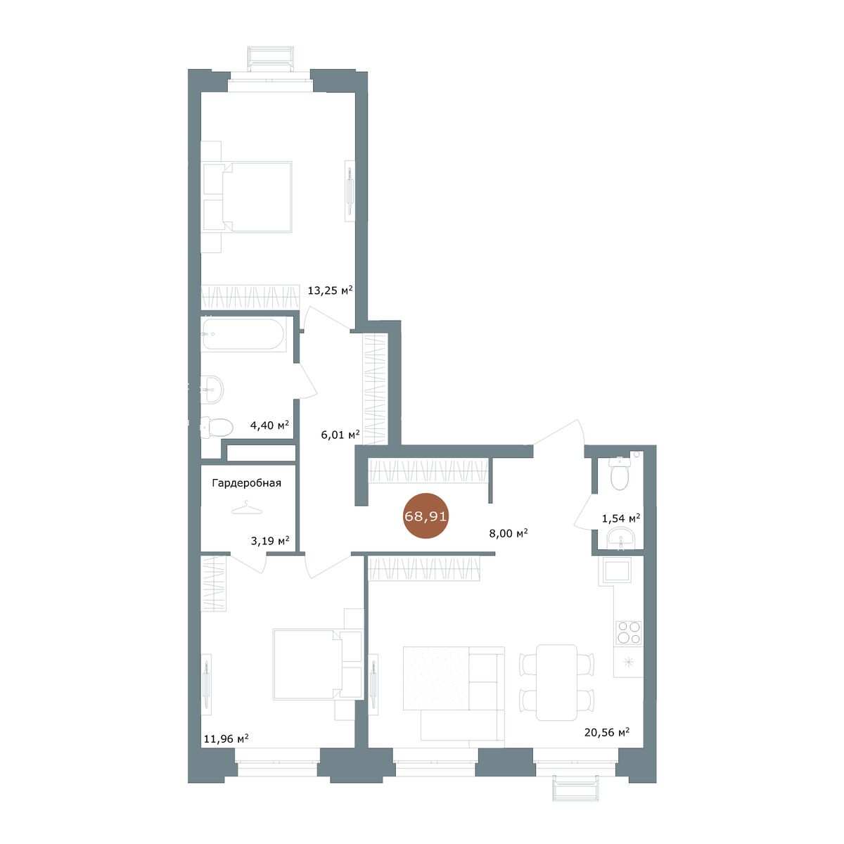 3-комнатная квартира, 68.91 кв.м, ЖК «19/56 Кварталы Телецентра» 3-комнатная квартира, 68.91 кв.м, ЖК «19/56 Кварталы Телецентра»