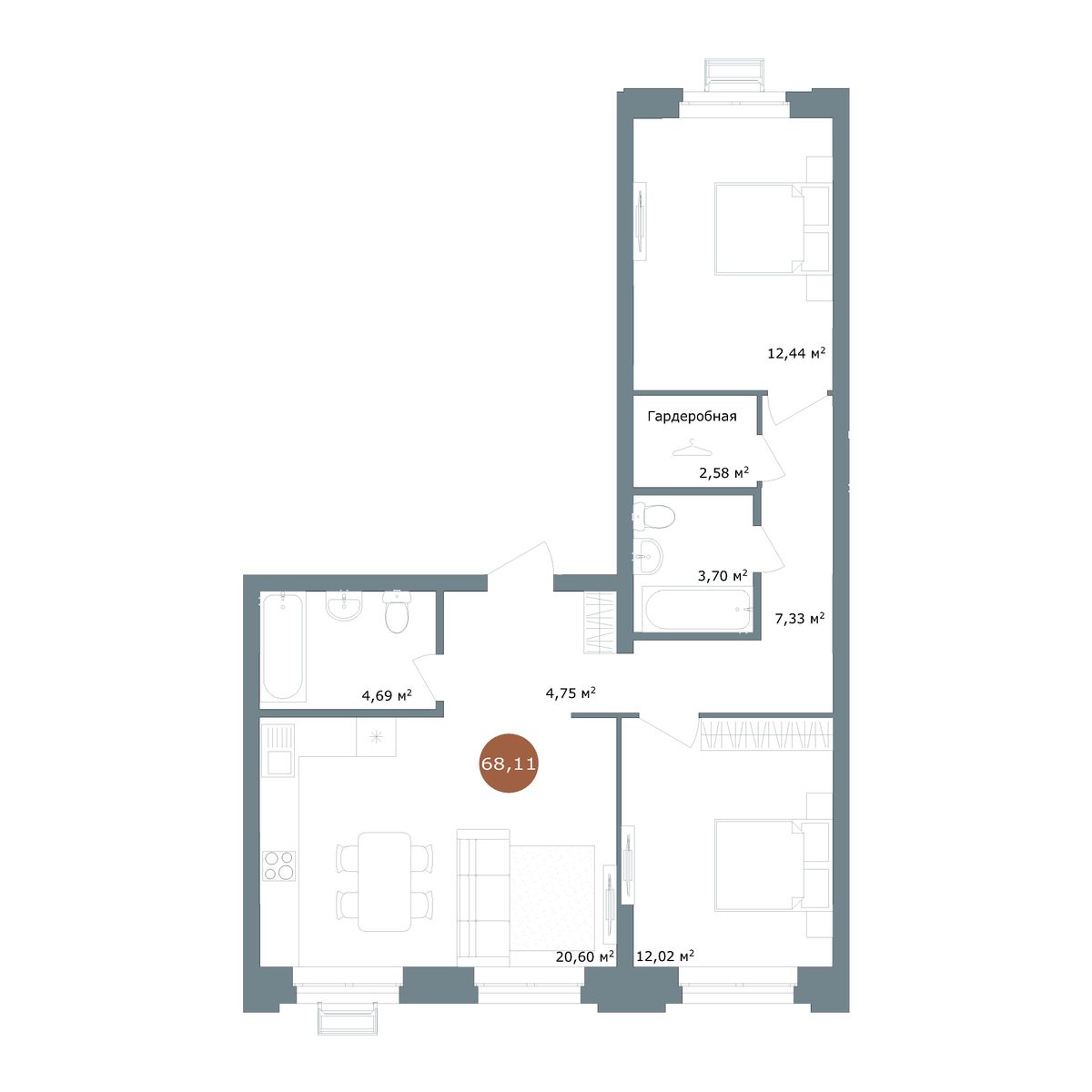 2-комнатная квартира, 68.12 кв.м, ЖК «19/56 Кварталы Телецентра»