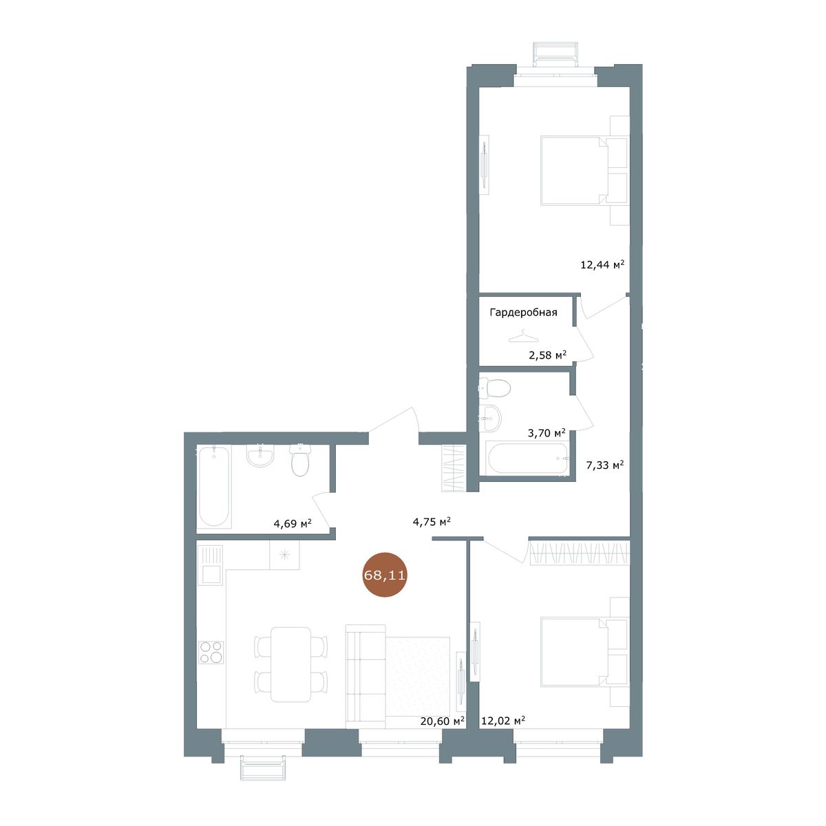 2-комнатная квартира, 68.12 кв.м, ЖК «19/56 Кварталы Телецентра» 2-комнатная квартира, 68.12 кв.м, ЖК «19/56 Кварталы Телецентра»