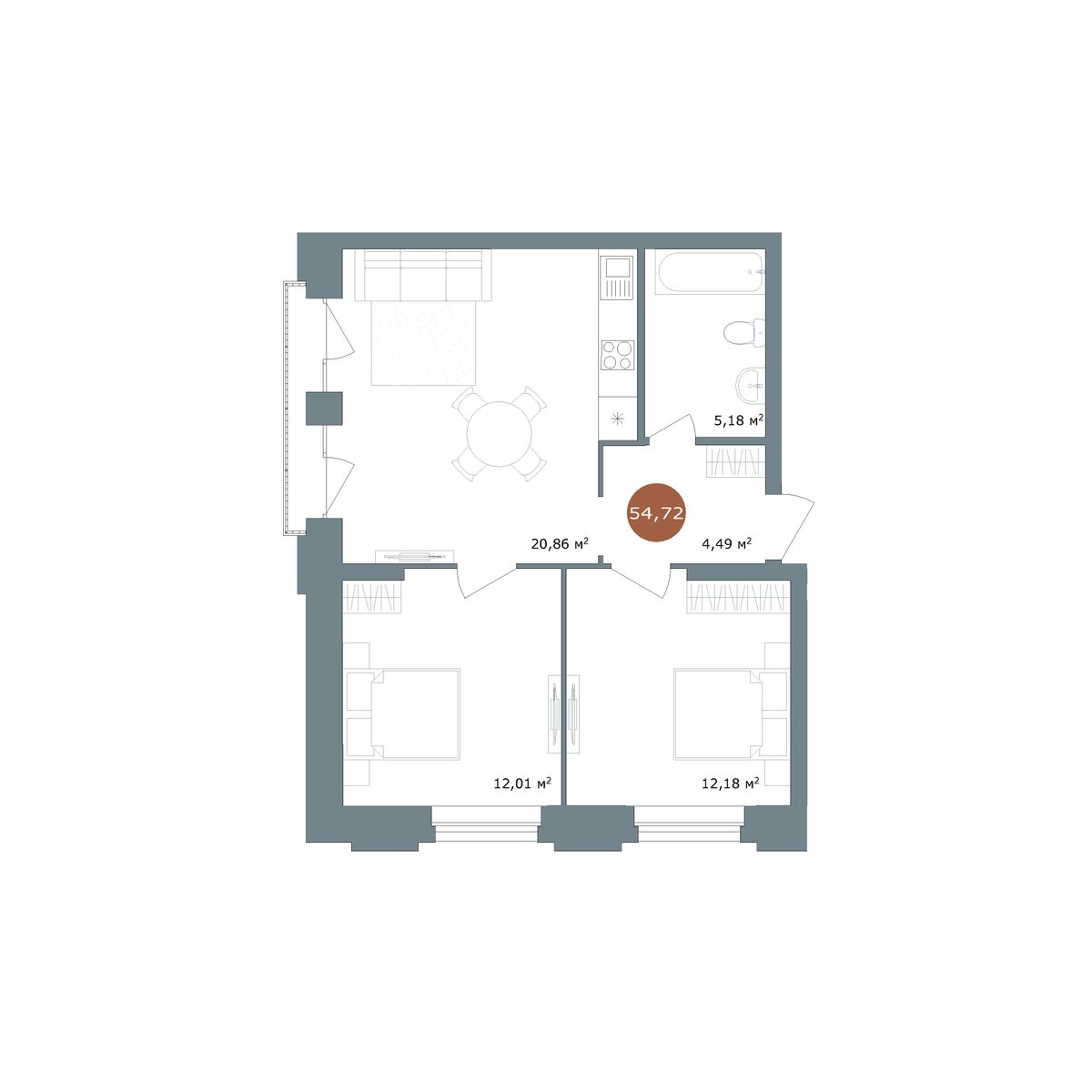 3-комнатная квартира, 54.72 кв.м, ЖК «19/56 Кварталы Телецентра» 3-комнатная квартира, 54.72 кв.м, ЖК «19/56 Кварталы Телецентра»