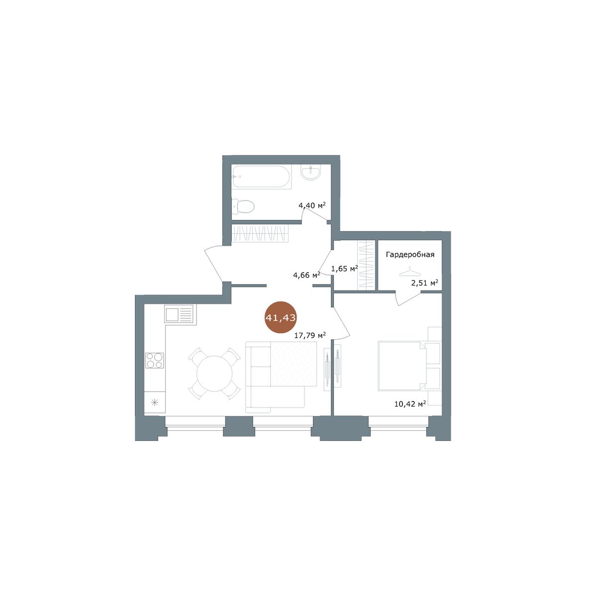 1-комнатная, 41.4 м², 6 этаж из 17, ЖК «19/56 Кварталы Телецентра» 1-комнатная, 41.4 м², 6 этаж из 17, ЖК «19/56 Кварталы Телецентра»