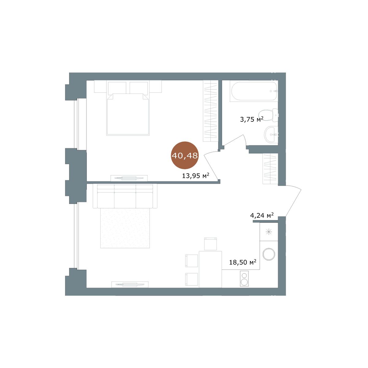 1-комнатная, 40.48 м², № 4.71 в 19|56 Кварталы Телецентра