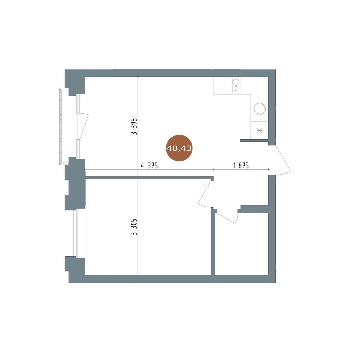 1-комнатная, 40.43 м², № 4.90 в 19|56 Кварталы Телецентра