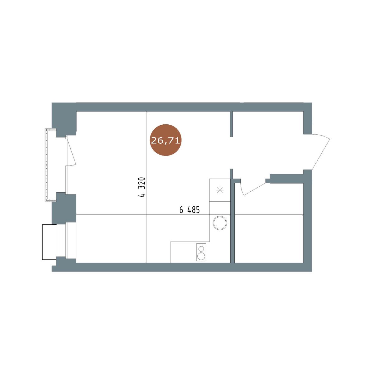 Студия, 26.7 м², № 2.105 в 19|56 Кварталы Телецентра