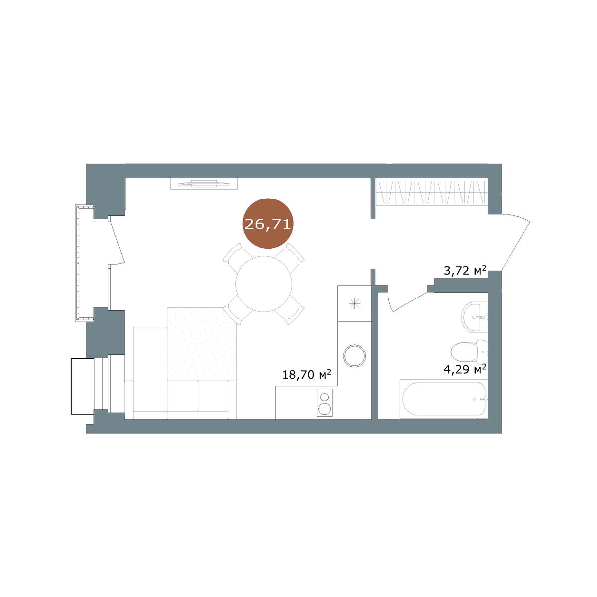 Студия, 26.7 м², № 2.118 в 19|56 Кварталы Телецентра